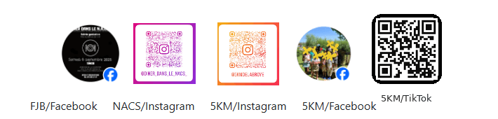 QR codes : FJB Facebook, NACS Instagram, 5KM Instagram, 5KM Facebook, 5KM TikTok